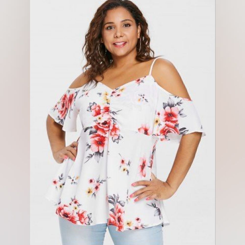 Rosegal Cold-Shoulder Top, White with Red & Yellow Flowers, Size 3X or 20, NWT